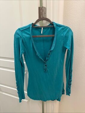 Free People Teal Long-Sleeve Henley with Ruffle Trim